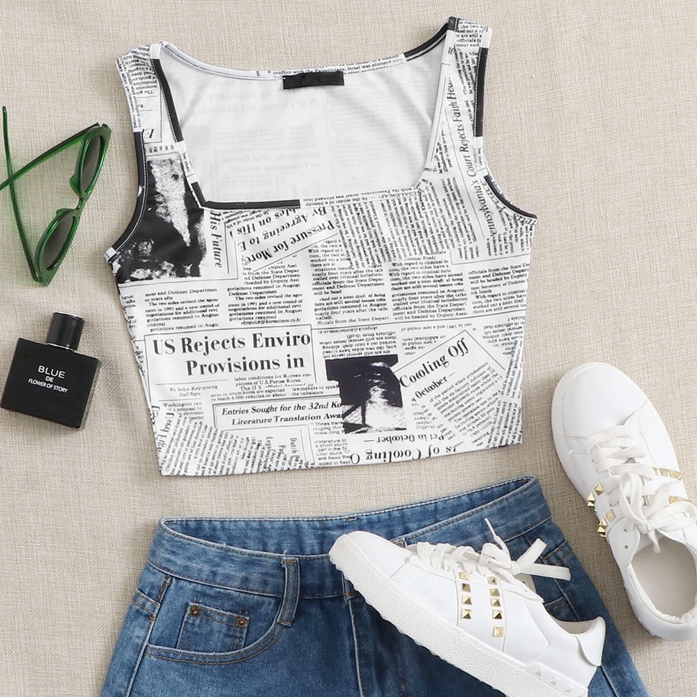 Newspaper print cropped tank top